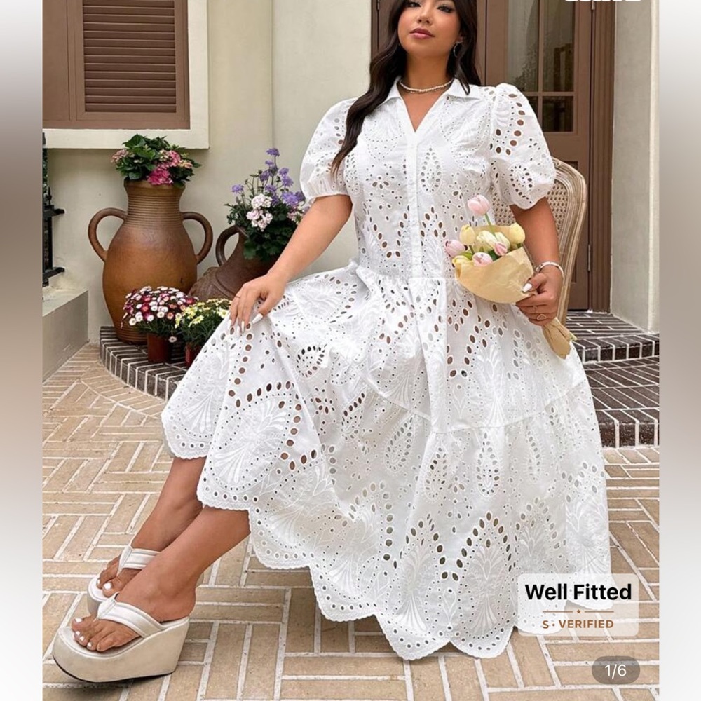 Shein White Eyelet Midi Dress - Picture 3 of 11
